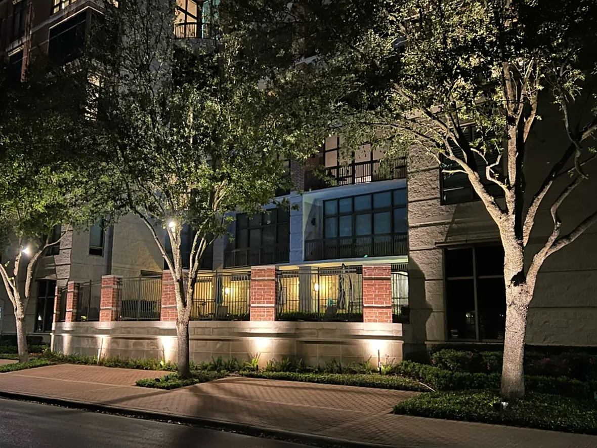 hl-com-building-1180.webp Commercial building frontage and mature trees lit from the ground at night