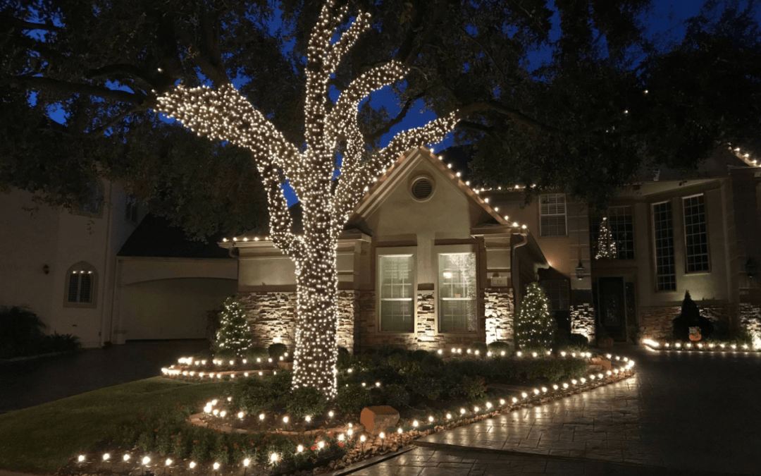 House with path lighting and tree lighting