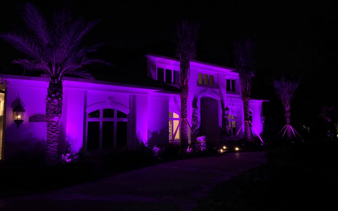 Exterior of home illuminated with LED lights through Haven Lighting