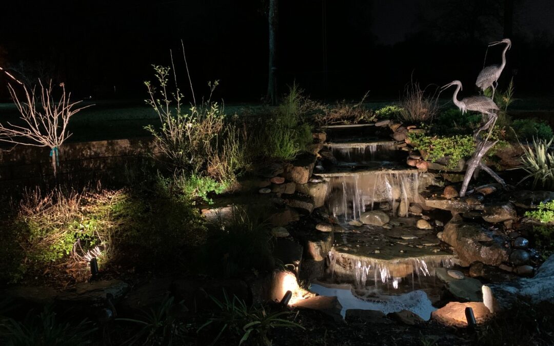 Outdoor Lights Illuminate Water Feature At Night