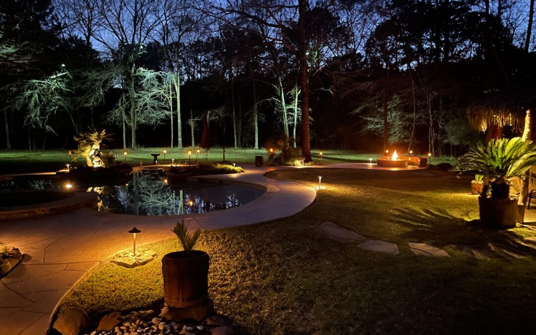 Outdoor Lighting Illuminates Backyard walkway in the evening