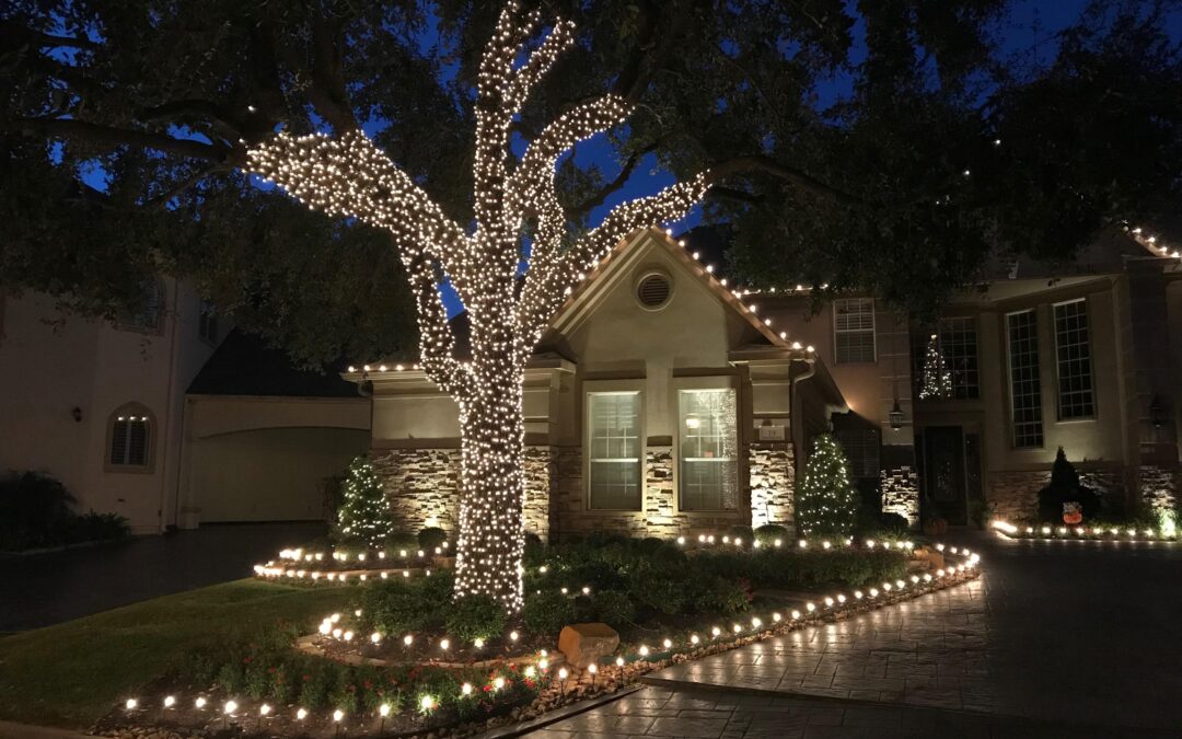 Home driveway, tree, and eves lit up with christmas lights