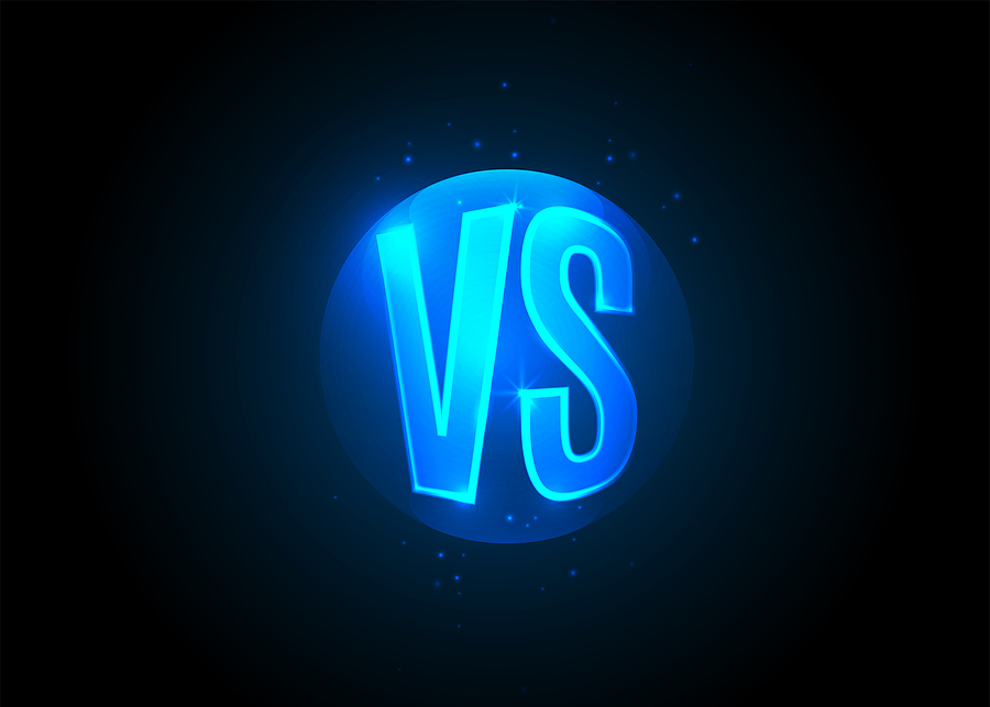 Versus icon. VS letters is into round circle. Shining symbol on dark background. Blue neon cartoon text. Vector illustration. before vs after