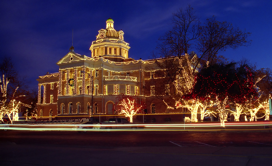 historic courthouse light with christmas lights. holiday season