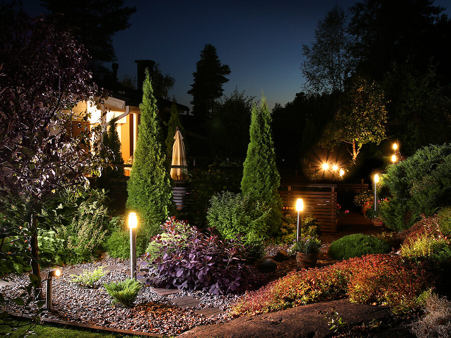 Home garden illumination autumn evening lights patio. Outdoor lighting