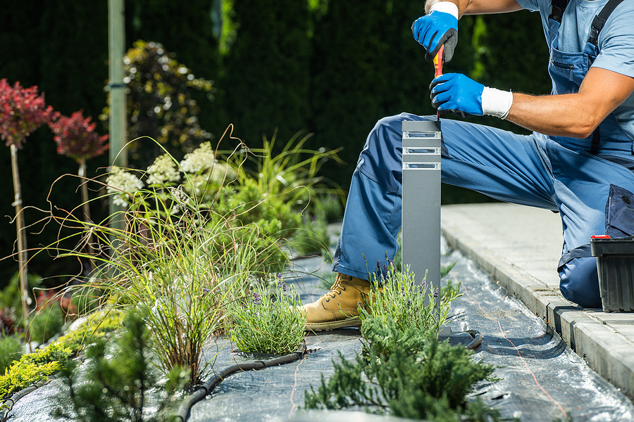 A professional landscaper installing a small LED light in a backyard garden, demonstrating the importance of proper outdoor lighting maintenance.