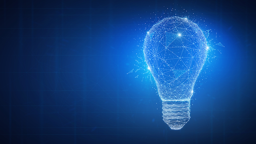 Artificial Intelligence concept image featuring a polygonal light bulb symbolizing innovation, inspiration, and effective thinking against a blockchain technology network background.