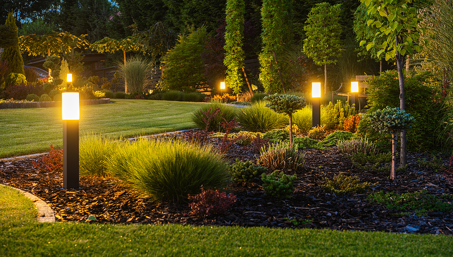 Modern backyard garden with LED light posts at night, showcasing Conscious Landscaping and sustainable lighting design.